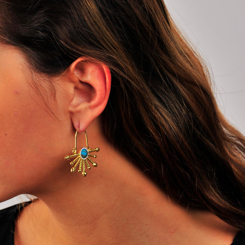 Day Break Half Sun Turquoise Diamond Earrings in 14K Yellow Gold Plated Sterling Silver