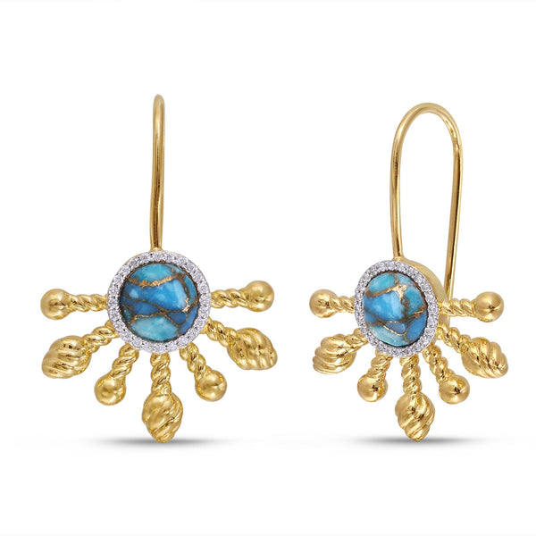 Sun-Day Slide On Turquoise & Diamond Half Sun Earrings in 14K Yellow Gold Plated Sterling Silver