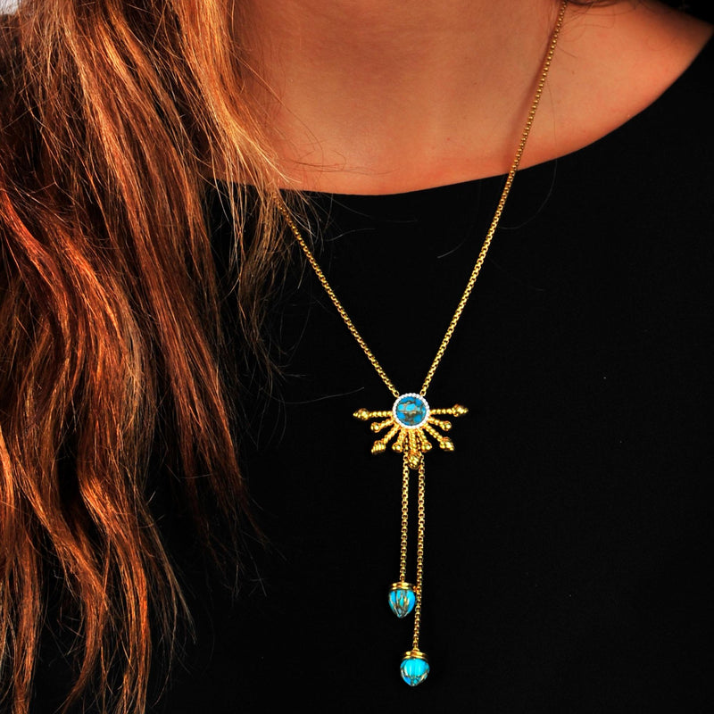 Golden Rays Turquoise Half Sun Diamond Lariat Necklace in 14K Yellow Gold Plated Sterling Silver