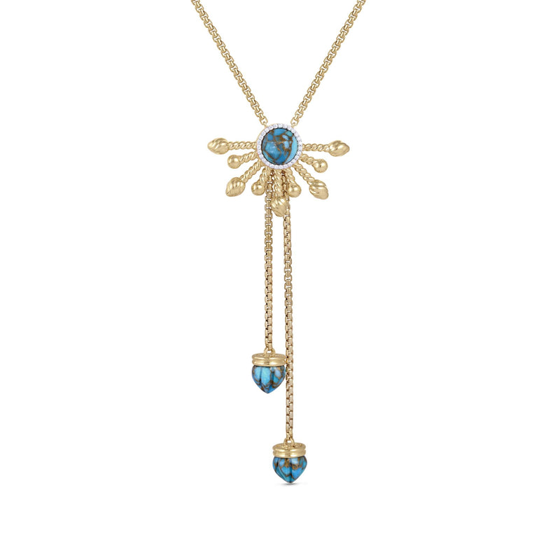 Golden Rays Turquoise Half Sun Diamond Lariat Necklace in 14K Yellow Gold Plated Sterling Silver