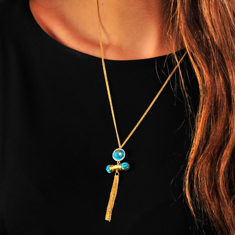 Sunkissed Turquoise & Diamond Fringe Necklace in 14K Yellow Gold Plated Sterling Silver