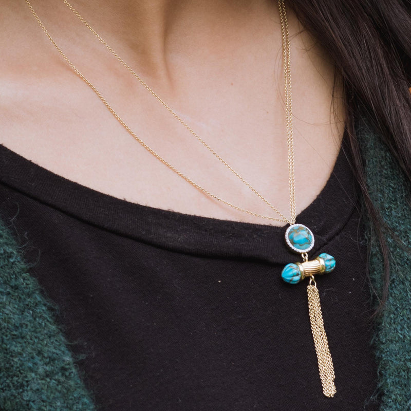 Sunkissed Turquoise & Diamond Fringe Necklace in 14K Yellow Gold Plated Sterling Silver