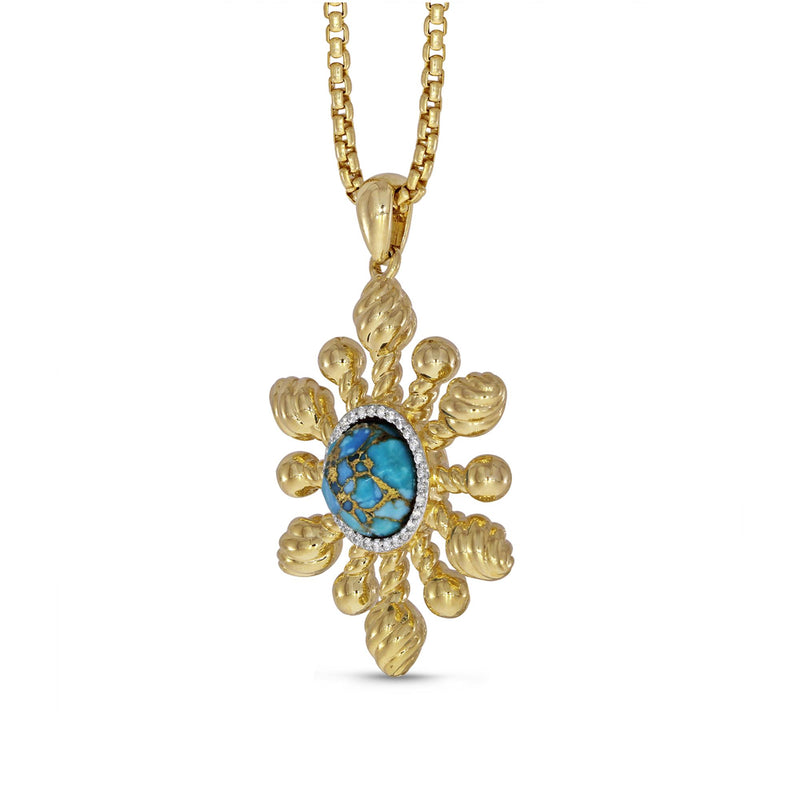 Sunny Side Up Turquoise & Diamond Sun Pendant in 14K Yellow Gold Plated Sterling Silver