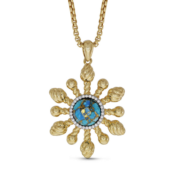 Sunny Side Up Turquoise & Diamond Sun Pendant in 14K Yellow Gold Plated Sterling Silver