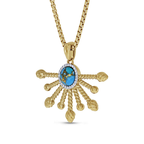 Day Break Half Sun Turquoise Diamond Pendant in 14K Yellow Gold Plated Sterling Silver