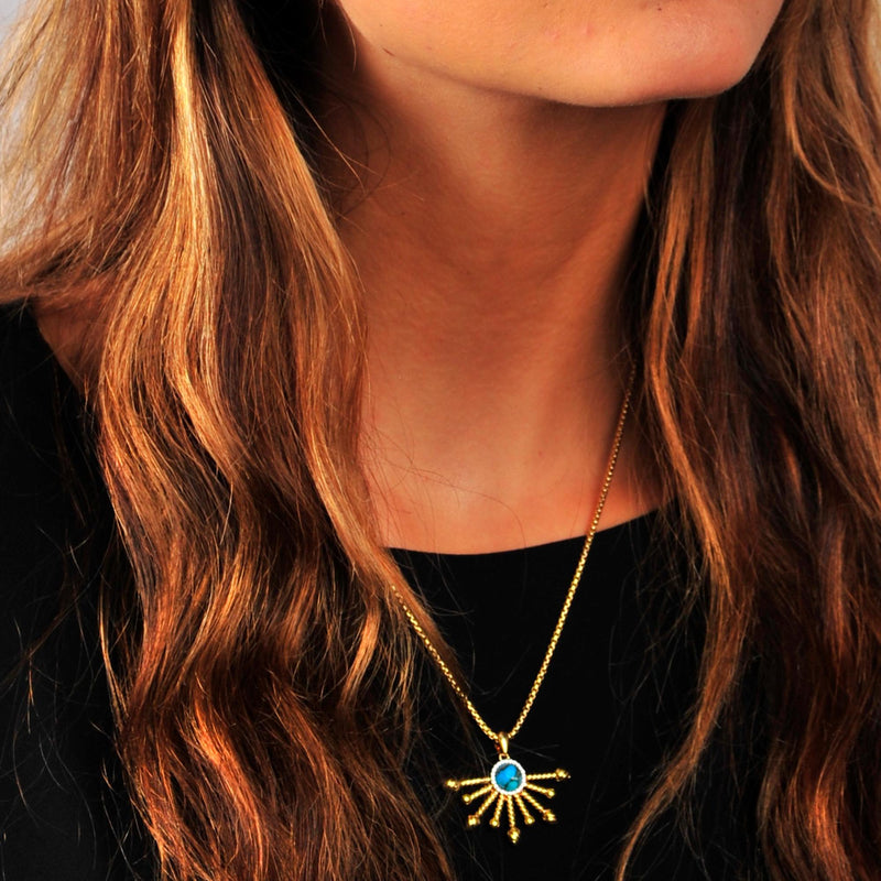 Day Break Half Sun Turquoise Diamond Pendant in 14K Yellow Gold Plated Sterling Silver