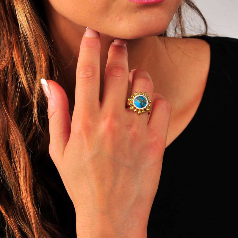 Rise & Shine Turquoise & Diamond Detachable Sun Ring in 14K Yellow Gold Plated Sterling Silver