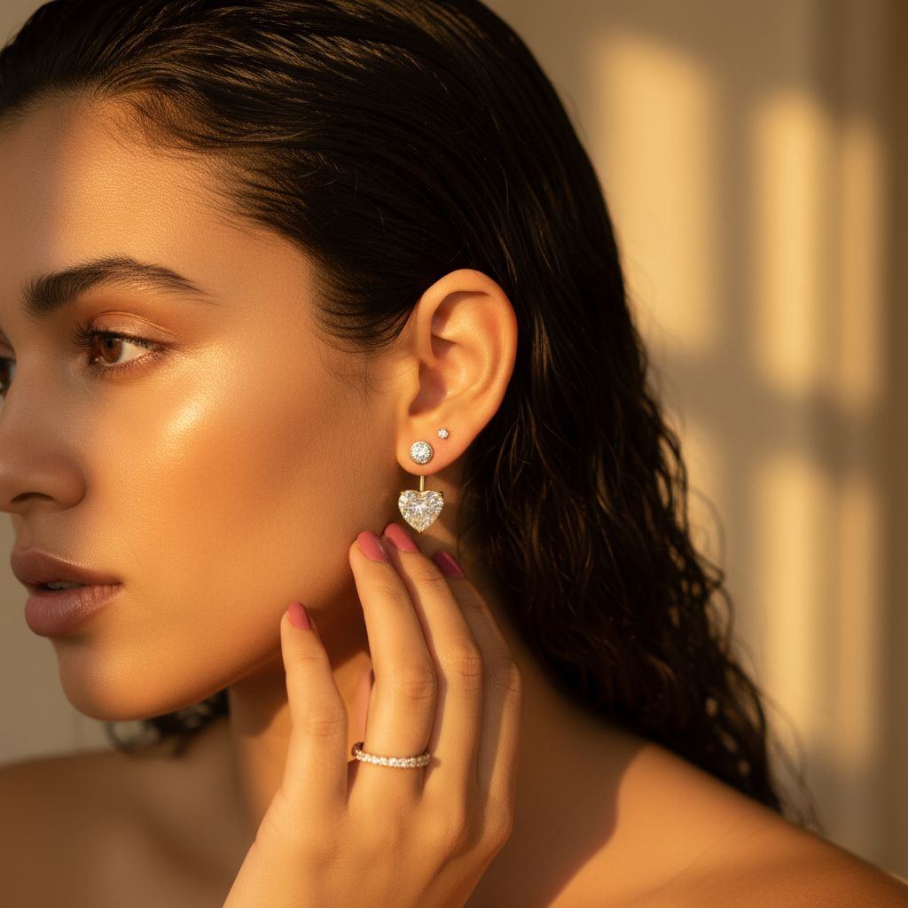 Close-up of female model wearing Mariposa 14K yellow gold heart lab-grown diamond earring jackets in a cozy, sunny setting, emphasizing the jewelry's elegance.