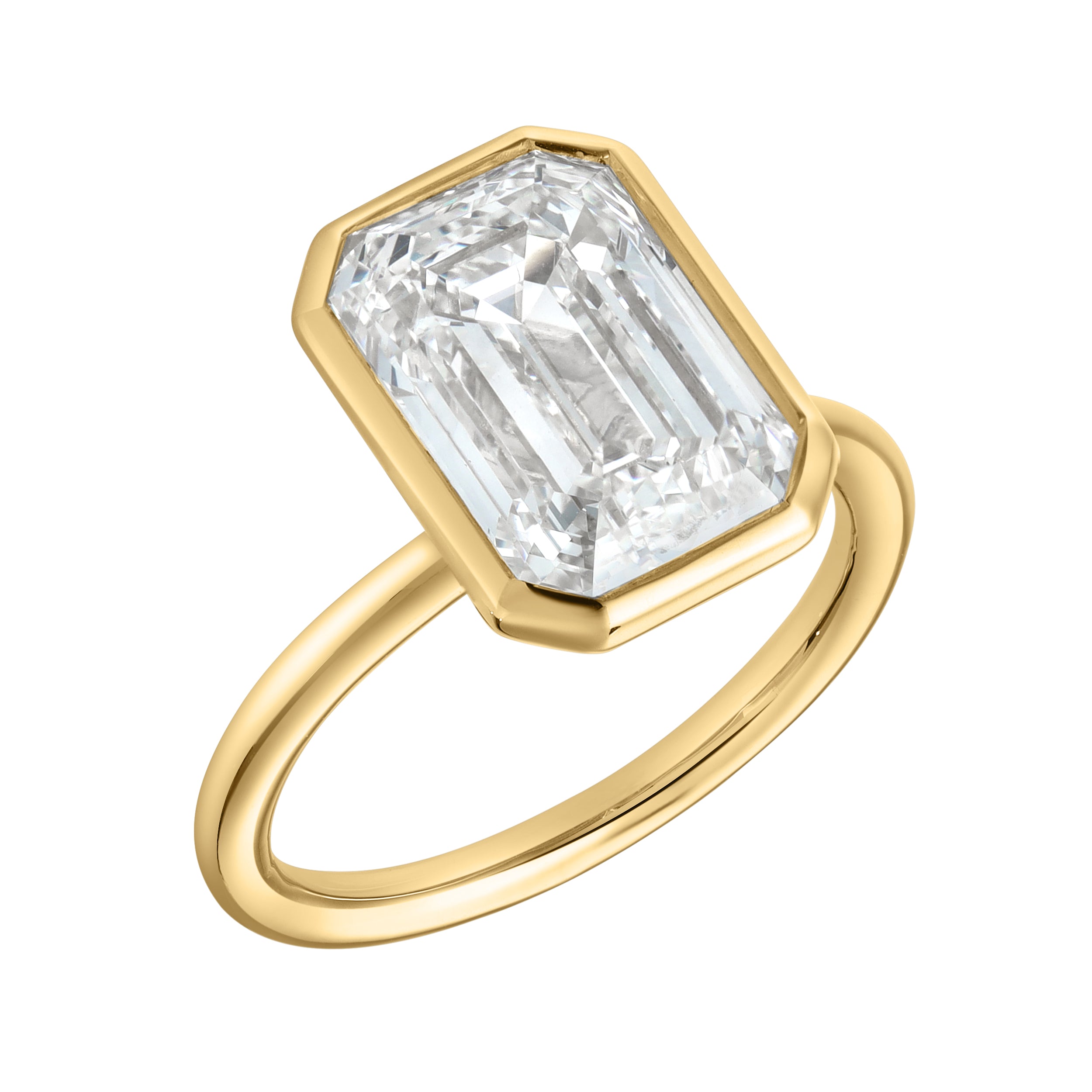 Solaire 14K Yellow Gold Emerald Cut Lab Grown Diamond Bezel Solitaire Engagement Ring – 5 cts