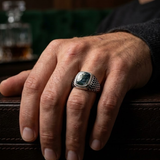 Tree Agate Stone Signet Ring in Black Rhodium Plated Sterling Silver