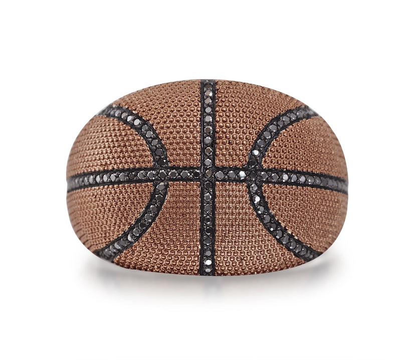 Slam Dunk Basketball Brown Rhodium Plated Sterling Silver Black Diamond Ring