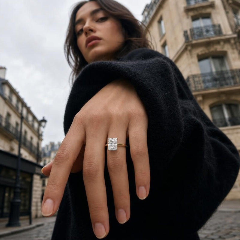 Radiant cut lab grown diamond engagement ring with hidden halo in 14K gold, showcasing elegance for special occasions with signature IGI certificate.