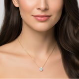 female model image with studio soft light.The diamond is a cushion cut diamond of 1.5 carat weight. diameter 5mm, make the necklace look smaller than it is