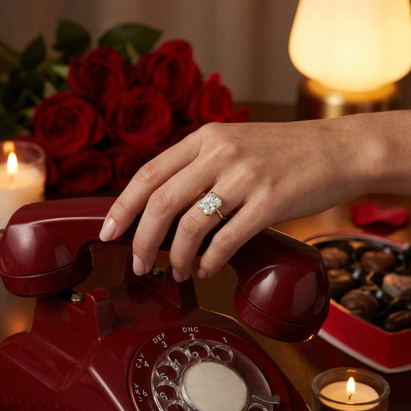 Female model's hand wearing a 5-carat bezel diamond solitaire engagement ring on a Valentine's Day scene, holding a red telephone.