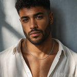 Male model wearing a thick 925 sterling silver wheat link chain necklace with an open button-down shirt.