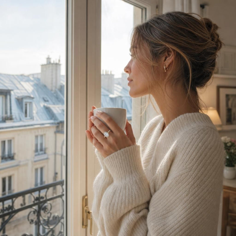 Elegant 14K yellow gold oval lab-grown diamond halo engagement ring with side stones, presented in a lifestyle scene overlooking Paris rooftops.