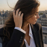 Elegantly designed 14K yellow gold engagement ring with 2 ct lab-grown diamonds and hidden halo, styled against a European rooftop.