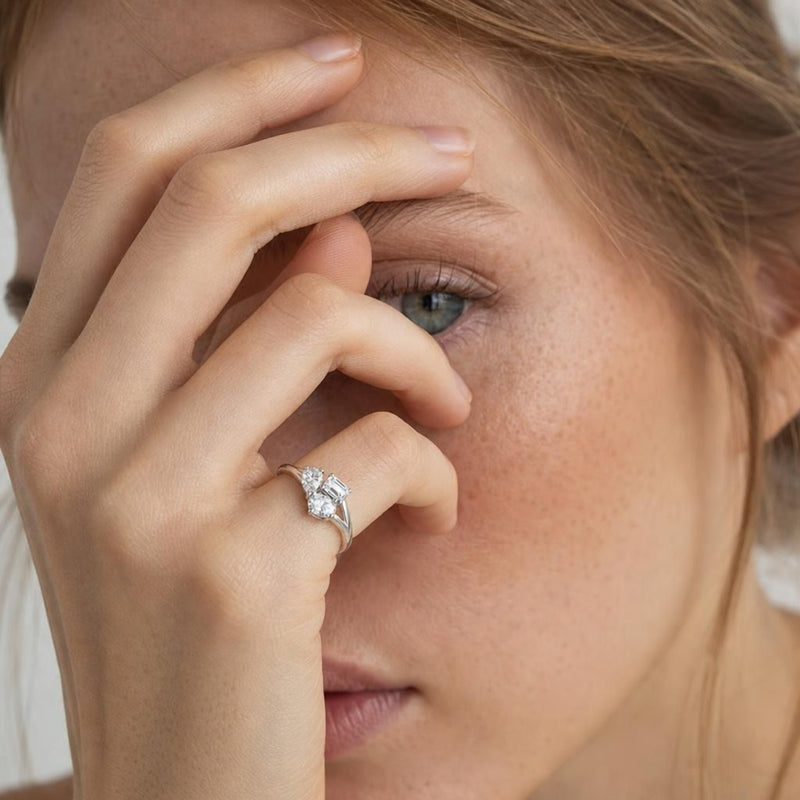 Fashion editorial showing the Mysaria 14K white gold lab-grown diamond ring on a model's hand in a natural candid moment