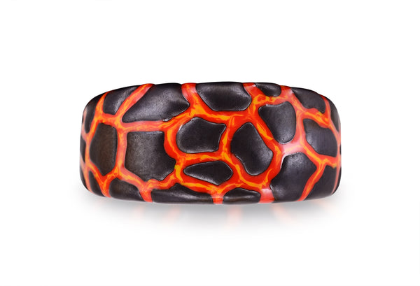 Earth & Fire Black Rhodium Plated Sterling Silver Textured Red Orange Enamel Band Ring