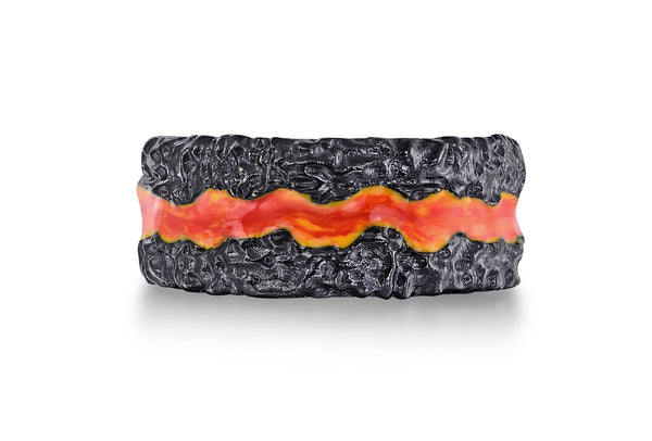 Fire in My Soul Black Rhodium Plated Sterling Silver Textured Red Orange Enamel Band Ring