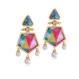 Unicorn Popcorn Turquoise & Diamond Earrings with Pearls in 14K Yellow Gold Plated Sterling Silver