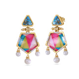Unicorn Popcorn Turquoise & Diamond Earrings with Pearls in 14K Yellow Gold Plated Sterling Silver