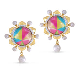 Unicorn Popcorn Pearl & Diamond Mosaic Tops in 14K Yellow Gold Plated Sterling Silver