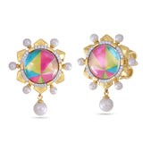 Unicorn Popcorn Pearl & Diamond Mosaic Tops in 14K Yellow Gold Plated Sterling Silver