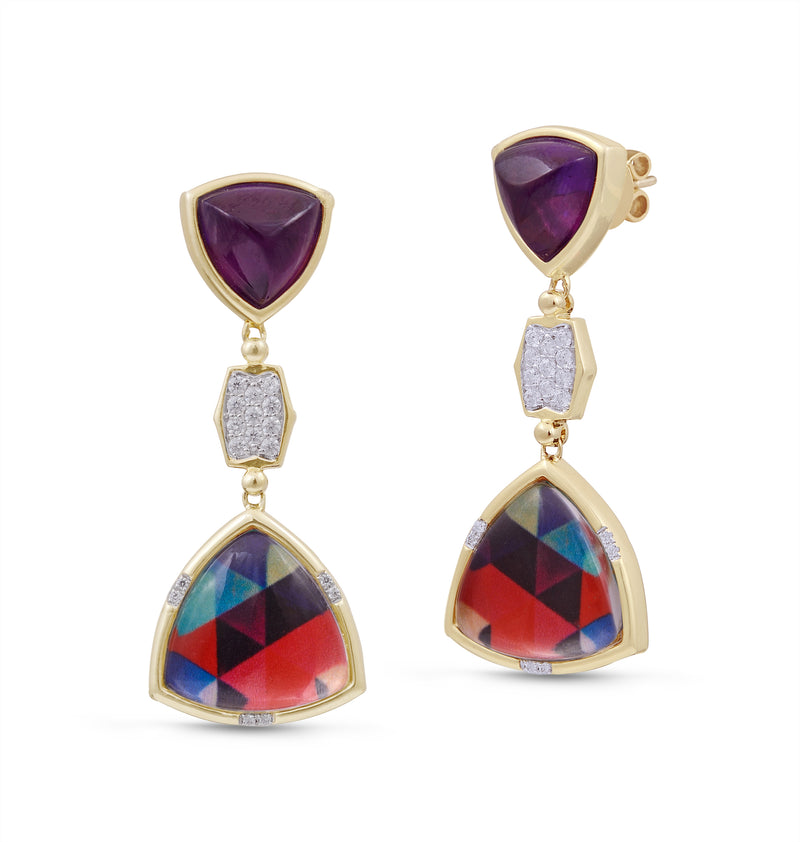 Love Me Not Amethyst Diamond Mosaic Earrings in 14K Yellow Gold Plated Sterling Silver