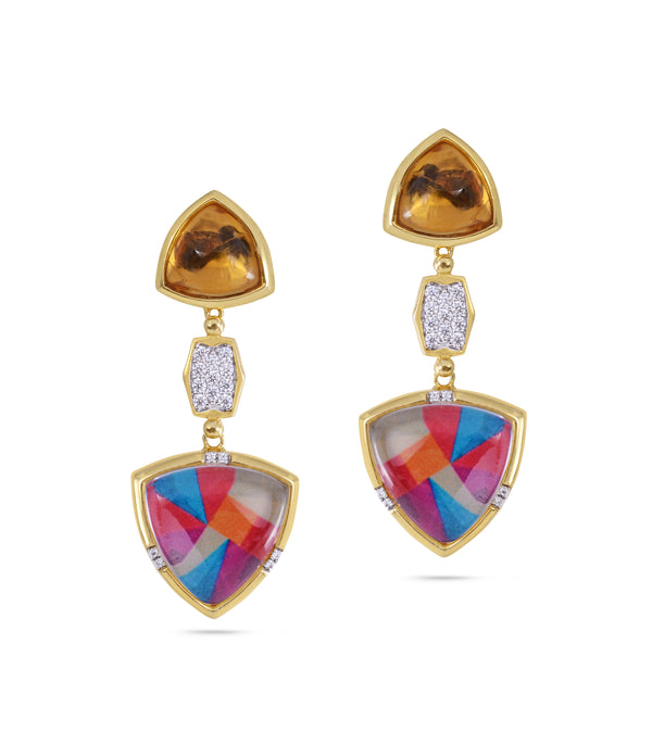 Colorful Canvas Diamond & Citrine Earrings in 14K Yellow Gold Plated Sterling Silver
