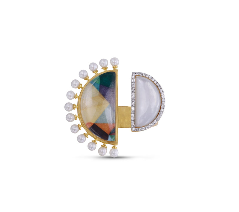 My Colorful Legacy Pearl & Moonstone Diamond Open Ring in 14K Yellow Gold Plated Sterling Silver