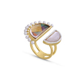 My Colorful Legacy Pearl & Moonstone Diamond Open Ring in 14K Yellow Gold Plated Sterling Silver