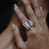 My Colorful Legacy Pearl & Moonstone Diamond Open Ring in 14K Yellow Gold Plated Sterling Silver