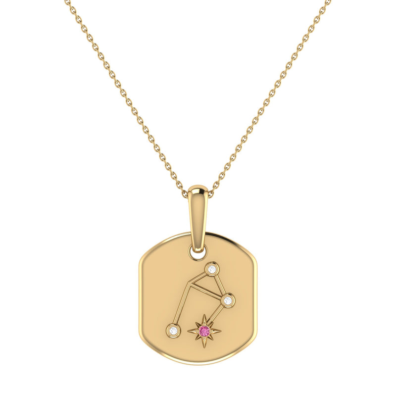 Libra Scales Pink Tourmaline & Diamond Constellation Tag Pendant Necklace in 14K Yellow Gold