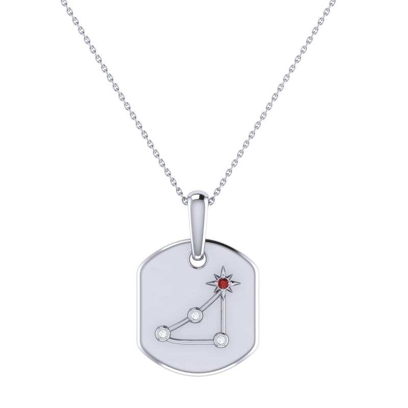 Capricorn Goat Garnet & Diamond Constellation Tag Pendant Necklace in 14K White Gold