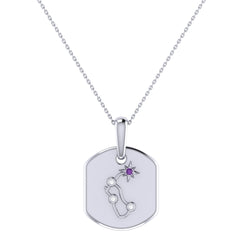 Aquarius Water-Bearer Amethyst & Diamond Constellation Tag Pendant Necklace in Sterling Silver