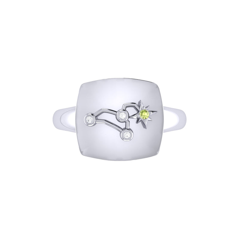 Leo Lion Peridot & Diamond Constellation Signet Ring in 14K White Gold