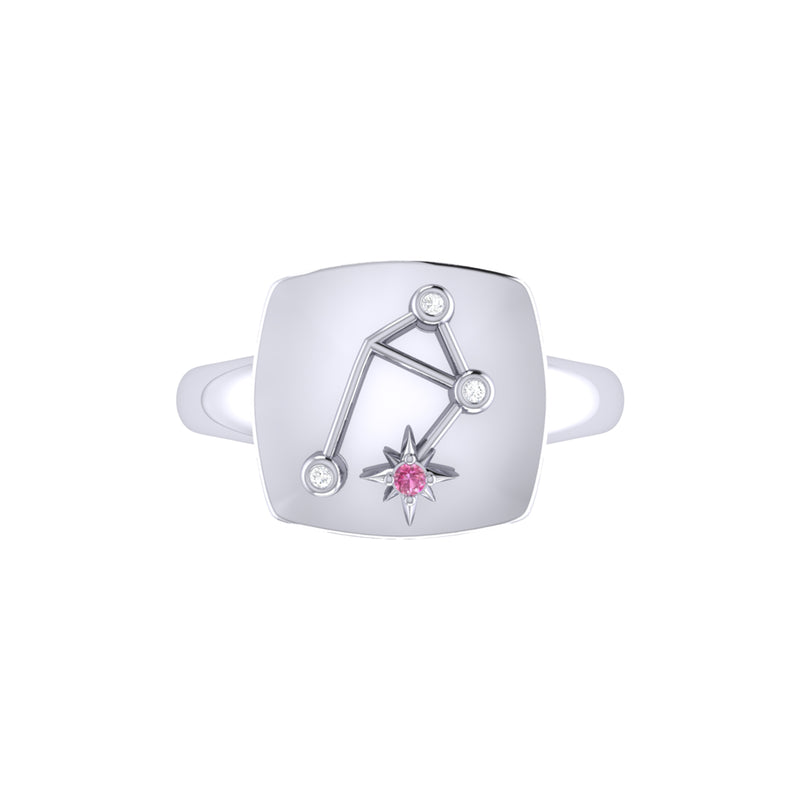 Libra Scales Pink Tourmaline & Diamond Constellation Signet Ring in Sterling Silver