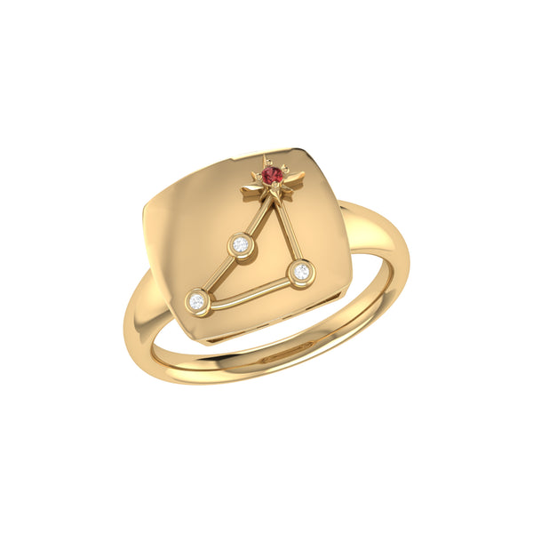 Capricorn Goat Garnet & Diamond Constellation Signet Ring in 14K Yellow Gold Vermeil on Sterling Silver
