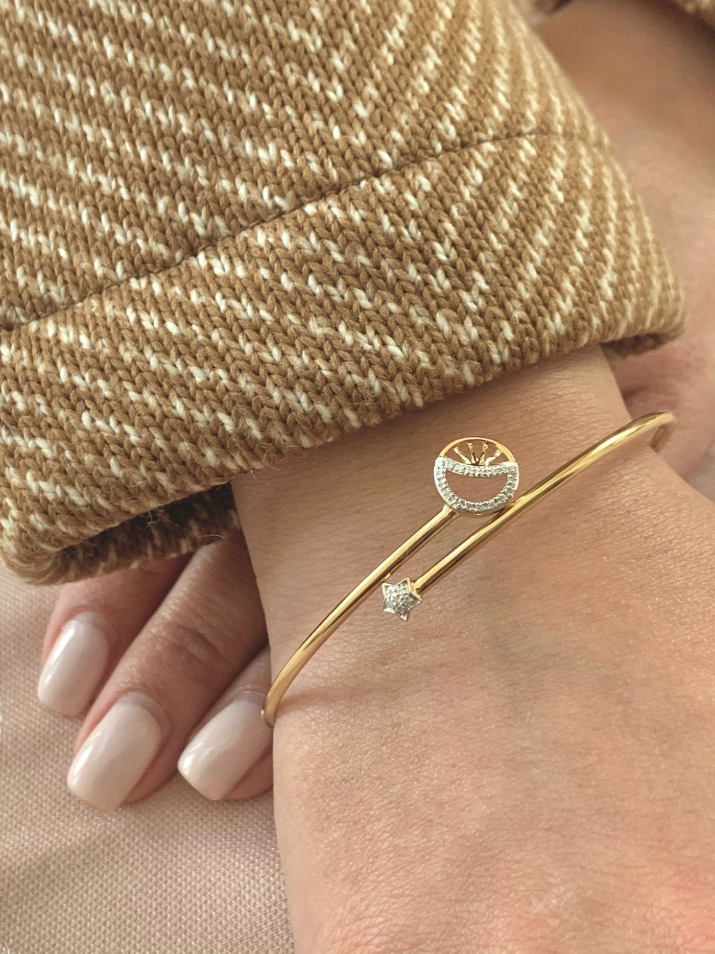 Half Moon Star Adjustable Diamond Bangle in 14K Yellow Gold