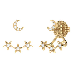 Star Trio Crescent Diamond Stud Earrings in 14K Yellow Gold Vermeil on Sterling Silver