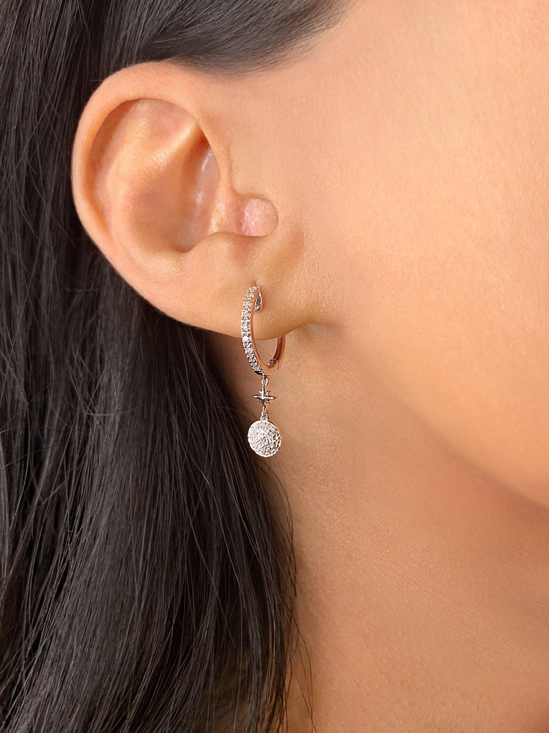 Full Moon Star Diamond Hoop Earrings in 14K White Gold