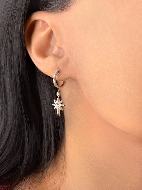 Twinkle Star Diamond Hoop Earrings in 14K White Gold