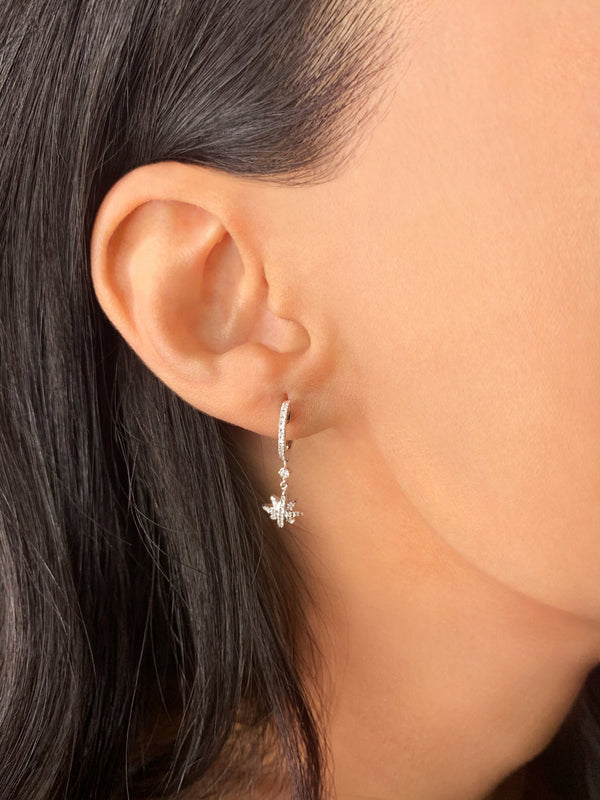North Star Diamond Hoop Earrings in 14K White Gold