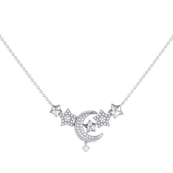 Star Cluster Moon Crescent Diamond Necklace in 14K White Gold