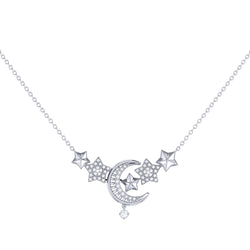 Star Cluster Moon Crescent Diamond Necklace in Sterling Silver