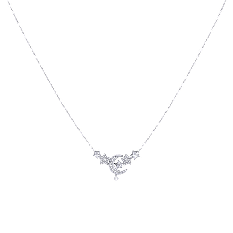 Star Cluster Moon Crescent Diamond Necklace in Sterling Silver