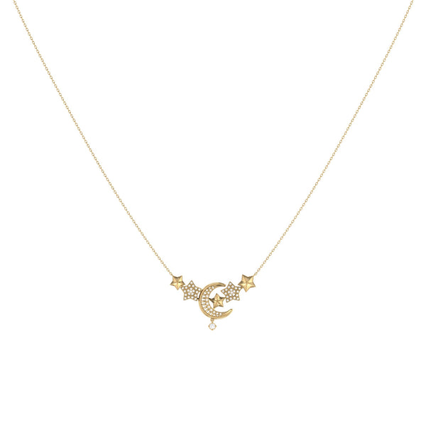 Star Cluster Moon Crescent Diamond Necklace in 14K Yellow Gold