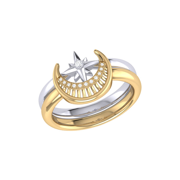 Nighttime Moon Star Lovers Two-Tone Detachable Diamond Ring in 14K Yellow Gold Vermeil on Sterling Silver