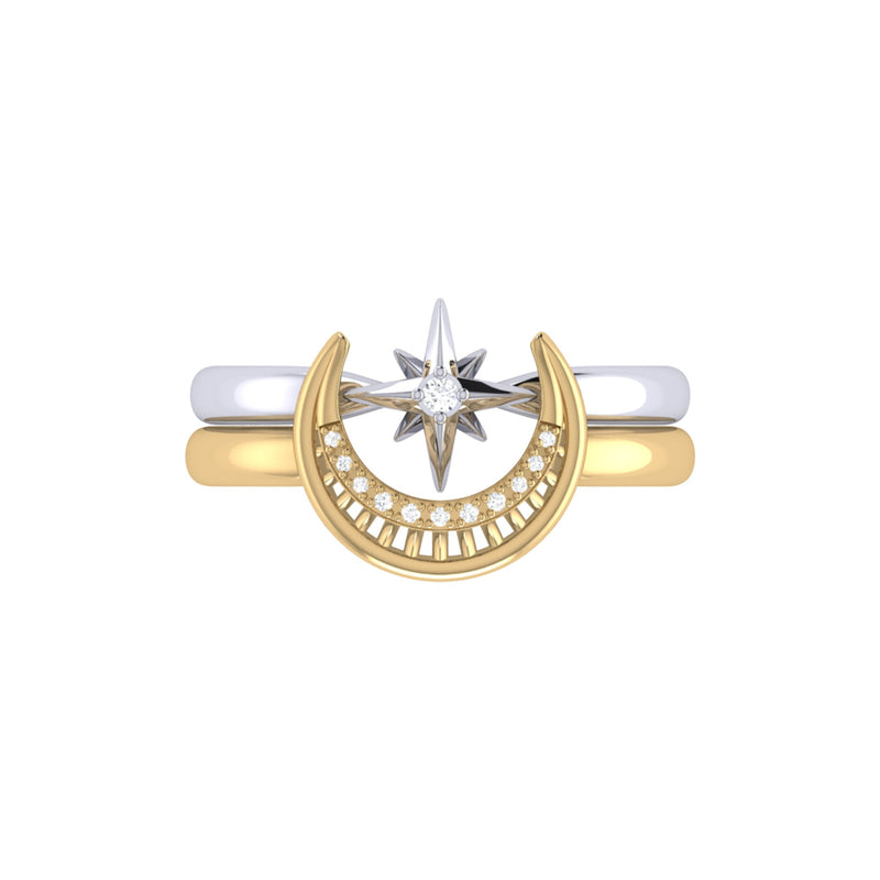 Nighttime Moon Star Lovers Two-Tone Detachable Diamond Ring in 14K Gold